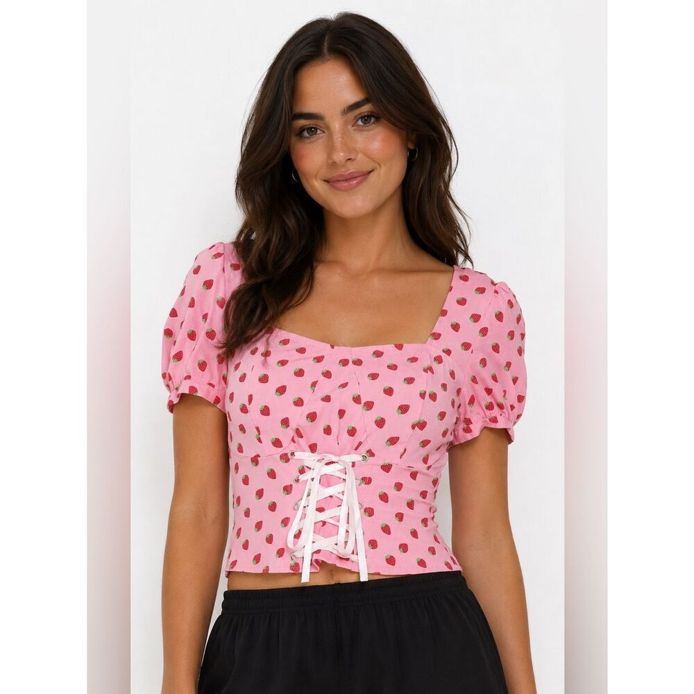 Hot Topic Pink Strawberry Lace-Up Crop Top